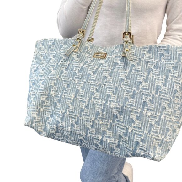 FENDI Vintage Zucca Monogram Denim Shoulder Tote Large Bag Blue FF Logo [106208] - Picture 3 of 16